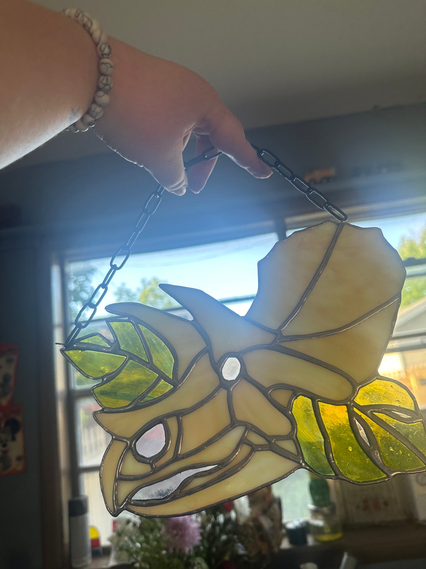 Iridescent Triceratops Stained Glass Piece