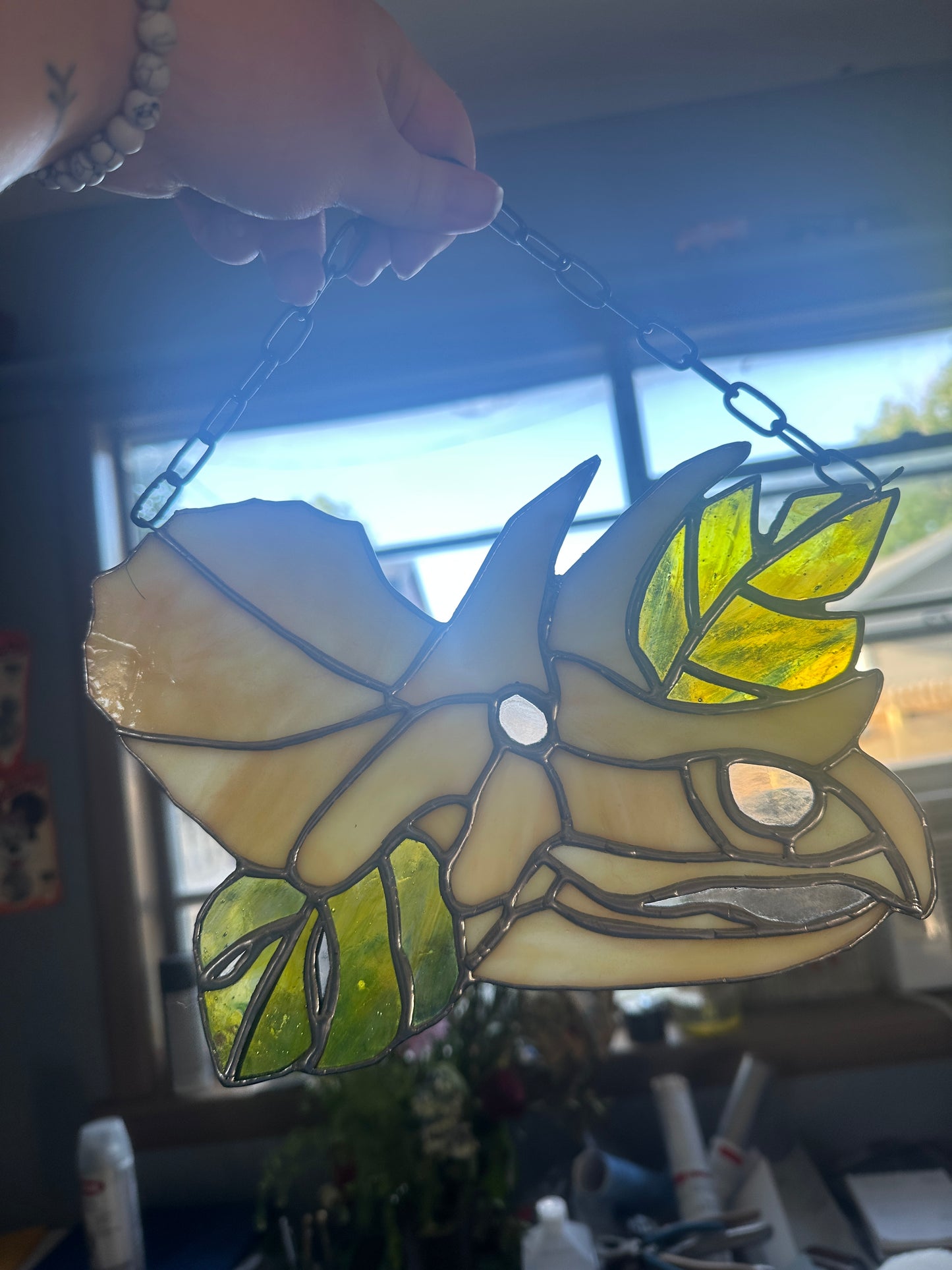 Iridescent Triceratops Stained Glass Piece