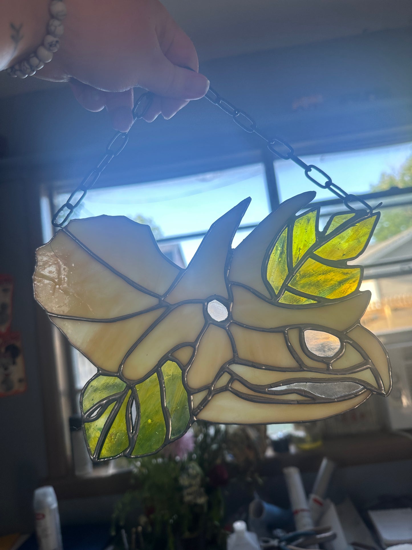 Iridescent Triceratops Stained Glass Piece