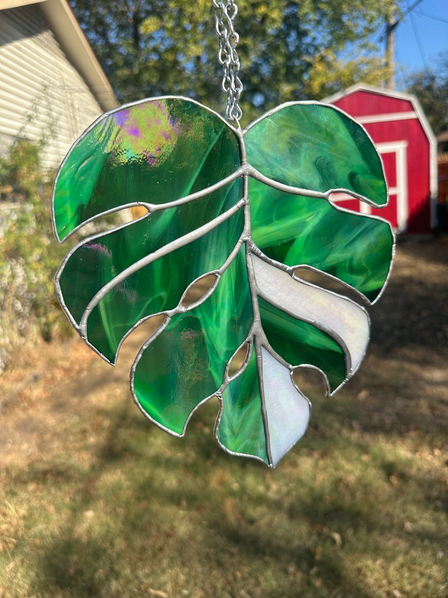 Iridescent Monstera leaf Stained Glass Piece