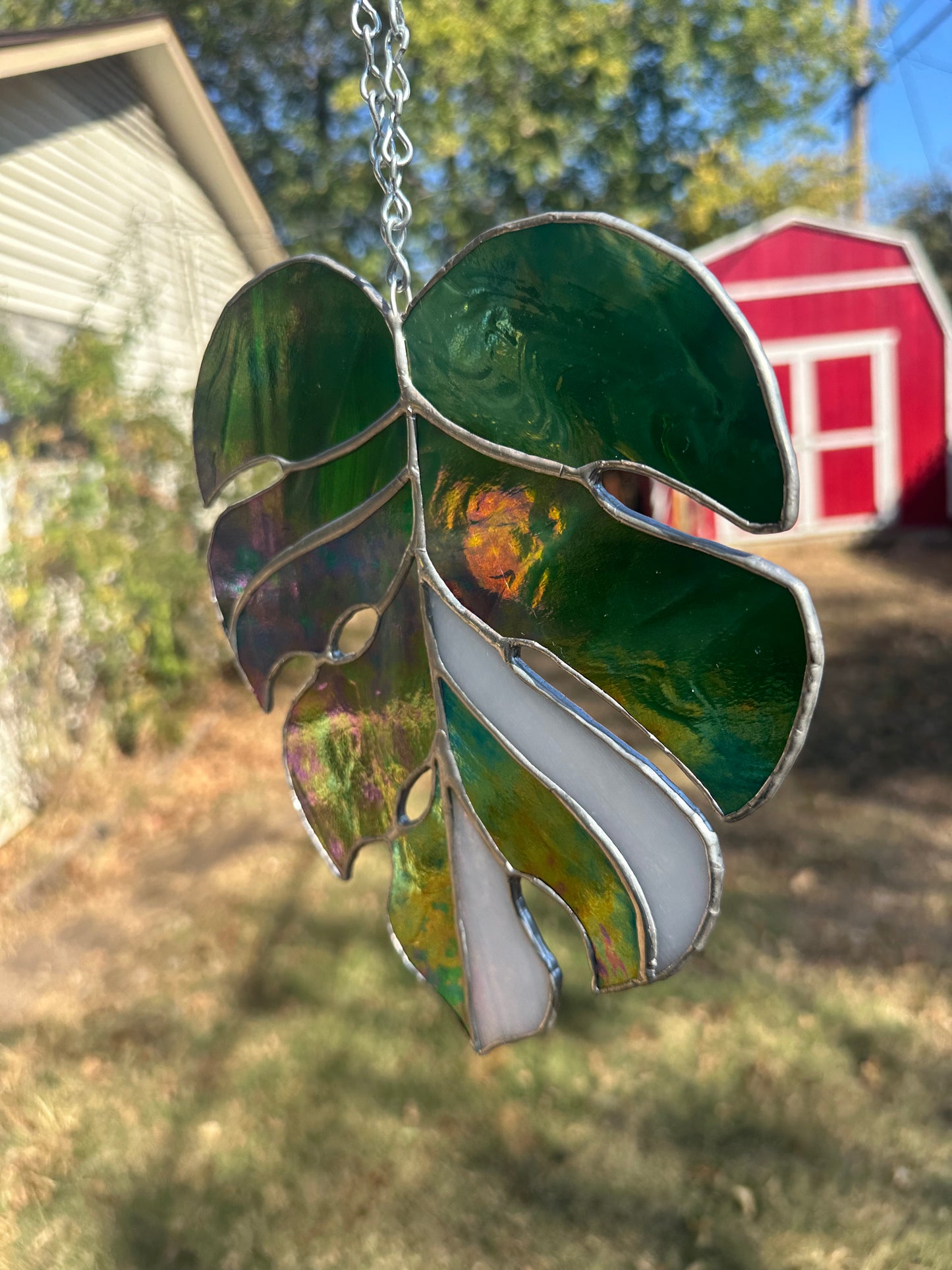 Iridescent Monstera leaf Stained Glass Piece