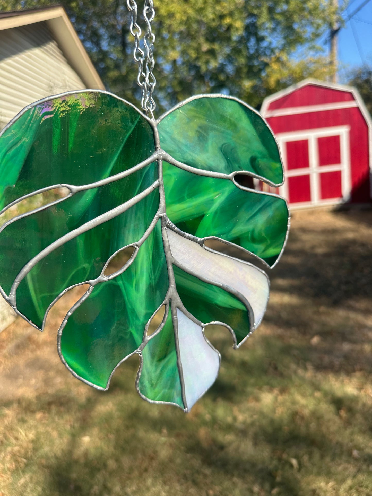 Iridescent Monstera leaf Stained Glass Piece