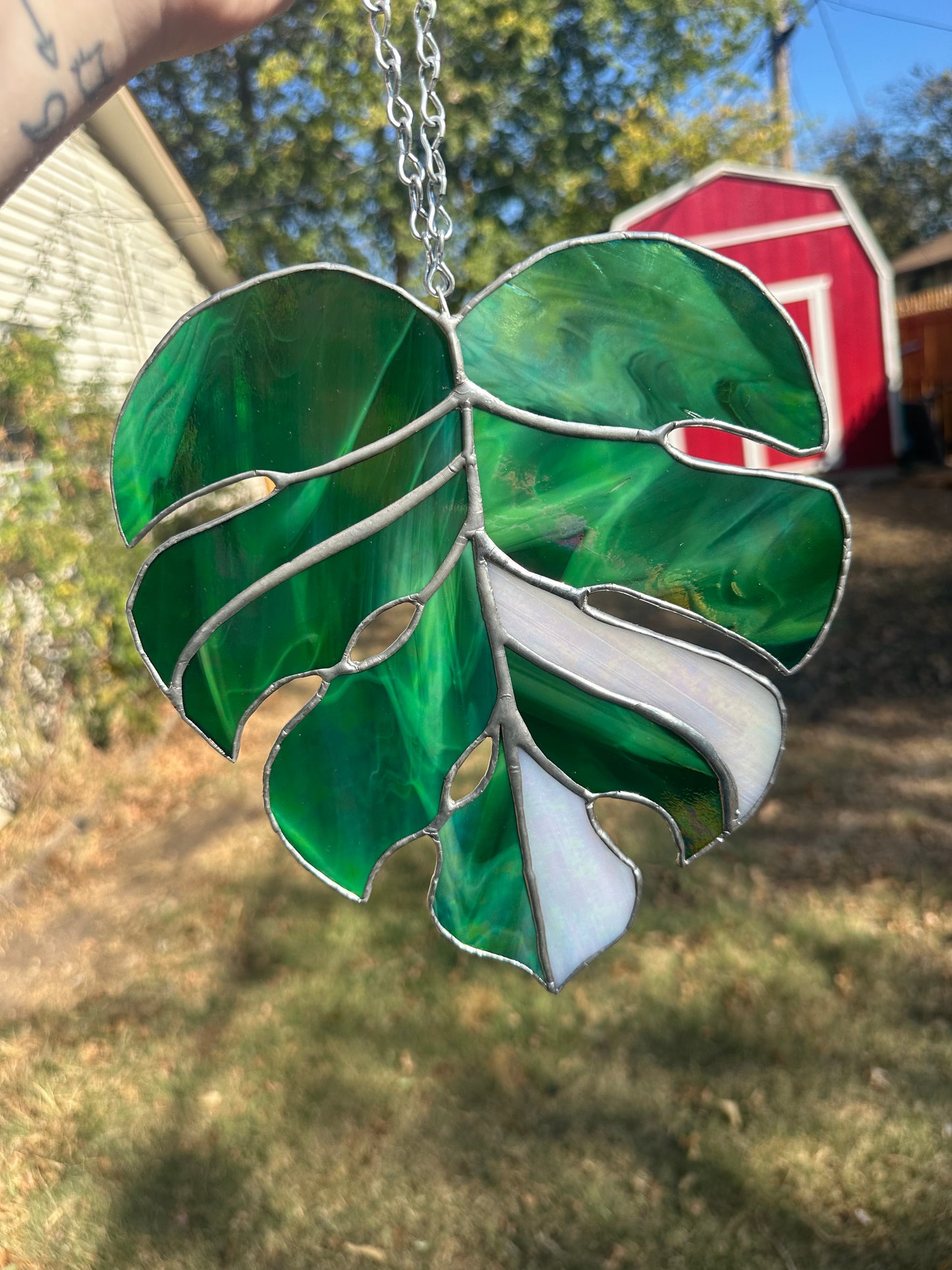 Iridescent Monstera leaf Stained Glass Piece