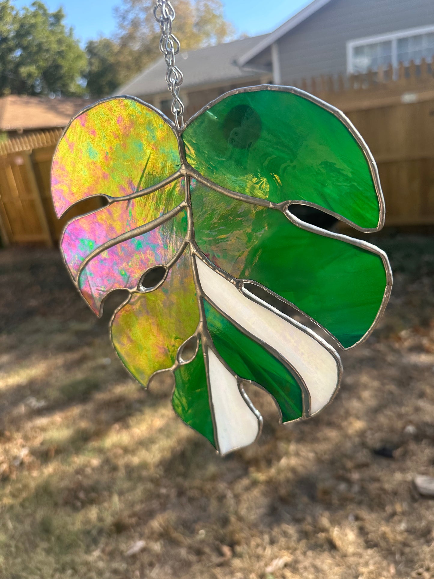 Iridescent Monstera leaf Stained Glass Piece