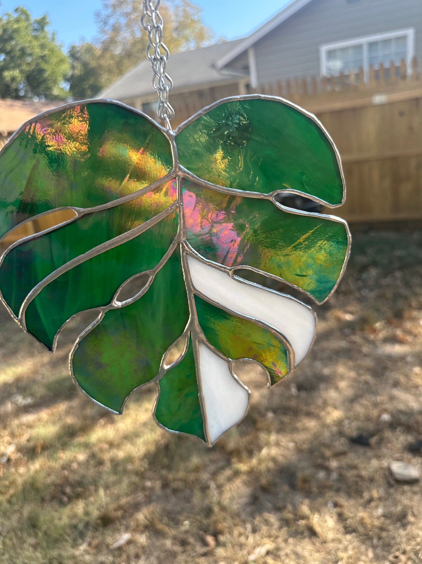 Iridescent Monstera leaf Stained Glass Piece
